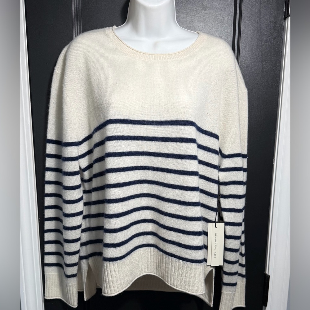Rachel Zoe Cream and Navy Striped Cashmere Sweater NWT Size XL